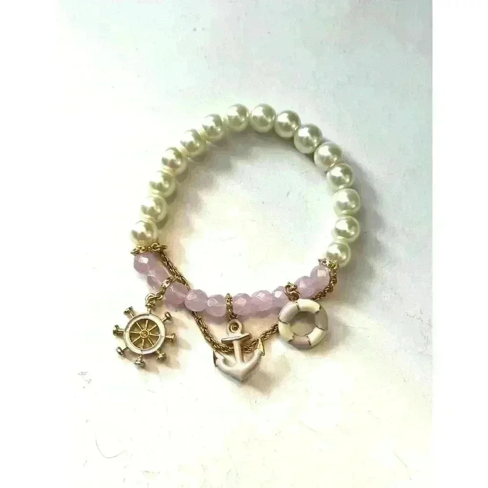 Nautical Purple and White Beaded Bracelet with Anchor Charms